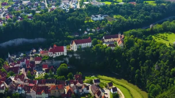 Flygfoto Över Byn Och Slottet Haigerloch Tyskland Solig Dag Våren — Stockvideo