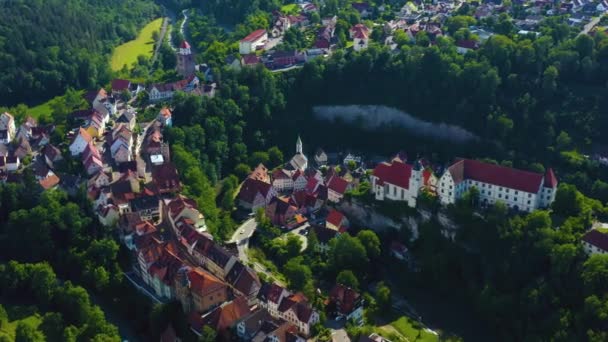 Aerial View Village Castle Haigerloch Germany Sunny Day Spring — Stock Video