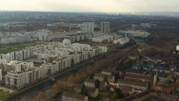 Luchtfoto Van Binnenstad Van Frankfurt Een Zonnige Vroege Ochtend Herfst — Stockvideo