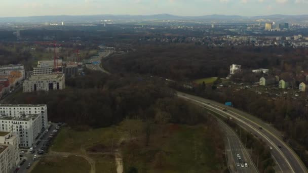 Αεροφωτογραφία Του Κέντρου Της Φρανκφούρτης Μια Ηλιόλουστη Νωρίς Πρωί Του — Αρχείο Βίντεο