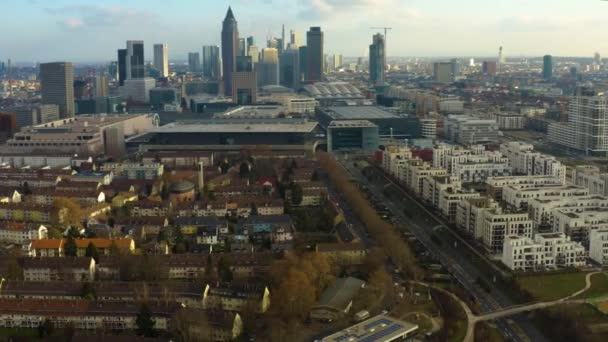 Flygfoto Över Frankfurt Centrum Solig Tidig Morgon Hösten — Stockvideo