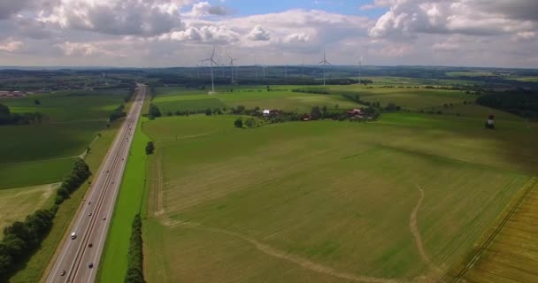 Aerial View German Autobahn Wind Turbines — Stock Video