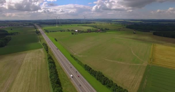 Aerial View German Autobahn Wind Turbines — Stock Video