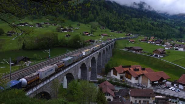 Freight Train Kandertal Switzerland Bridge — Stock Video