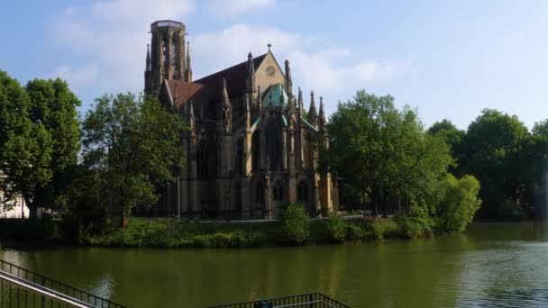 Närbild Kyrkan Johanneskirche Feuersee Stuttgart Tyskland — Stockvideo