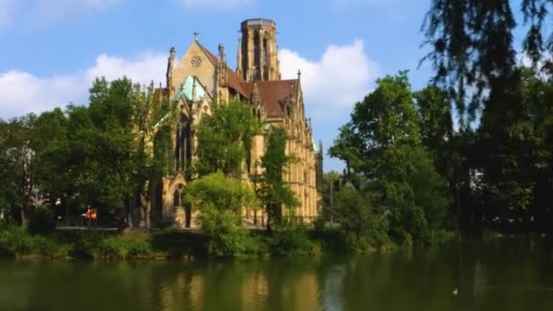 Sluiten Van Kerk Johanneskirche Feuersee Stuttgart Duitsland — Stockvideo