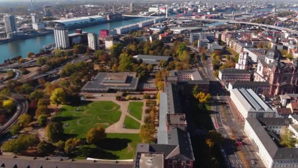 Sonbaharda Güneşli Bir Günde Almanya Nın Mannheim Kentinin Havadan Görünüşü — Stok video