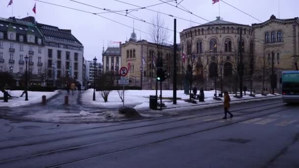 Downtown Oslo Norway Sunny Day Winter — Stock Video