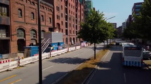 Flying Trough Streets Hamburg City Germany Top Double Decker Bus — Stock Video