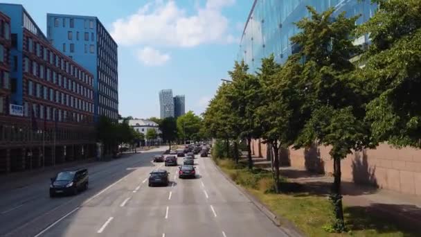 Flying Trough Streets Hamburg City Germany Top Double Decker Bus — Stock Video