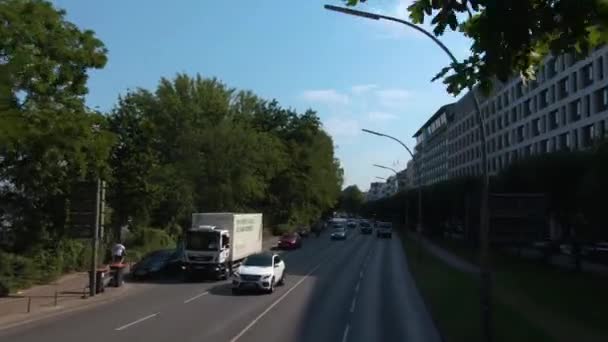 Flying Trough Streets Hamburg City Germany Top Double Decker Bus — Stock Video