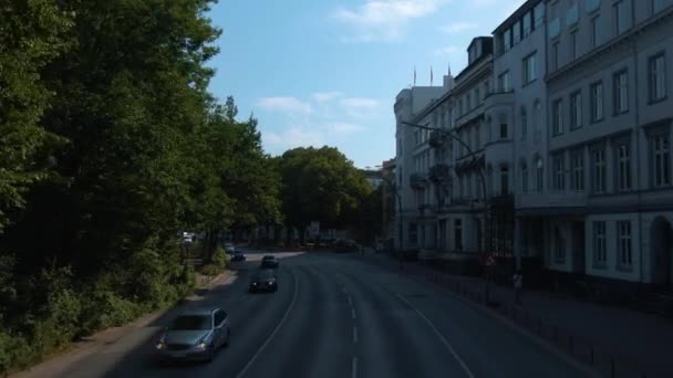 Létají Ulicemi Hamburku Města Německu Top Double Decker Bus Sunny — Stock video
