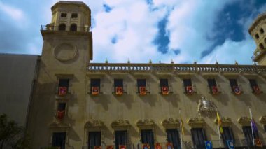 Town Hall in Alicante, Spain. Camera pans right across the front of the building.