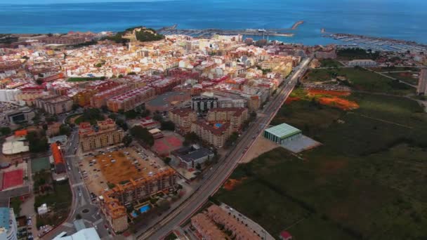 Vista Aérea Cidade Denia Espanha Uma Manhã Ensolarada Primavera — Vídeo de Stock