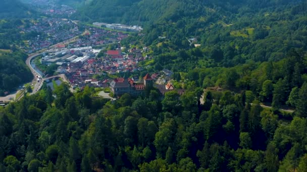 Flygfoto Över Slottet Schloss Eberstein Tyskland Solig Dag Sommaren — Stockvideo