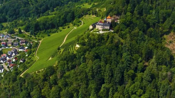 Luchtfoto Van Kasteel Schloss Eberstein Duitsland Een Zonnige Dag Zomer — Stockvideo