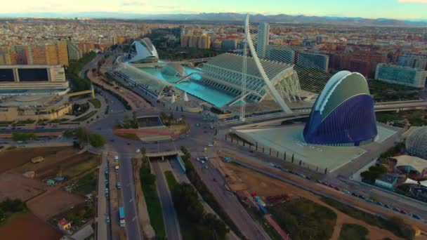 Flygfoto Över Staden Valencia Solig Morgon Nära Hamnen — Stockvideo
