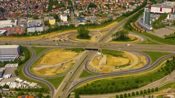 Aerial View Autobahn Freeway Cross Roads Intersection Close Neckarsulm Sunny — Stock Video