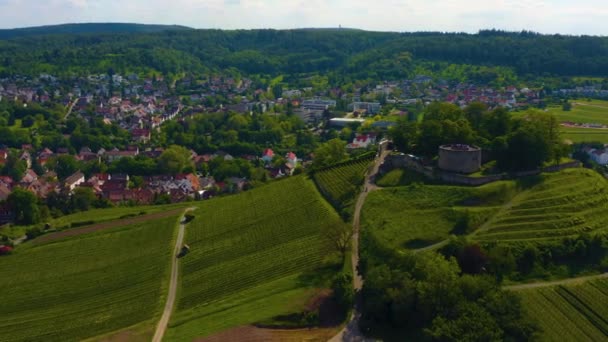 Luftaufnahme Von Weinsberg Mit Der Burg Weibertreu Einem Sonnigen Frühlingstag — Stockvideo