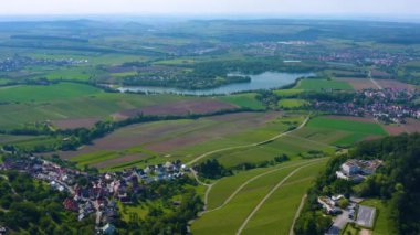 Aerial view from hills and vineyards around Lwenstein, Germany 
