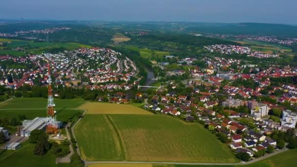 Vedere Aeriană Turnului Radio Orașului Muehlacker Germania Într Însorită Primăvară — Videoclip de stoc