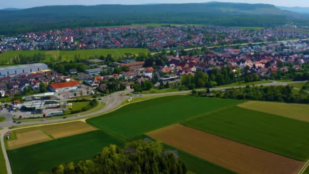 Aerial Illingen Germany Camera Pans Left Fields Foreground Road Running — Stok Video