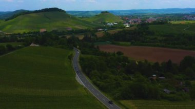 İlkbaharda güneşli bir günde Almanya 'nın Heilbronn kentindeki üzüm bağlarının hava manzarası
