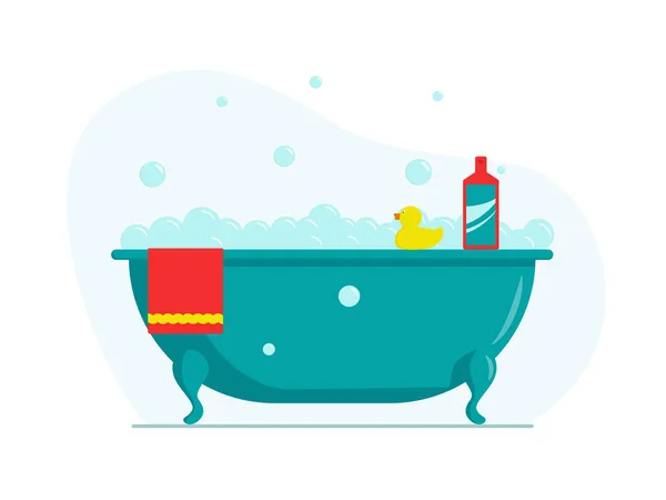 Flat vector illustration: foam bath with a duck and a towel. — Stock Vector