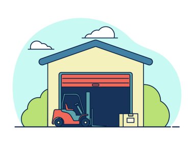 Vektör illüstrasyonu: Depo. Forklift ve kutular. Özet biçimi.