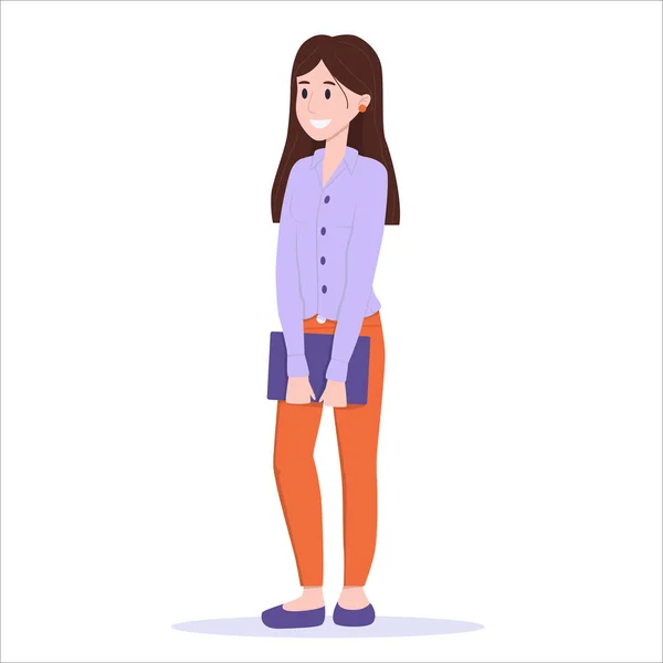 Ilustración vectorial: niña con una carpeta. Estudiante o trabajadora de oficina . — Vector de stock