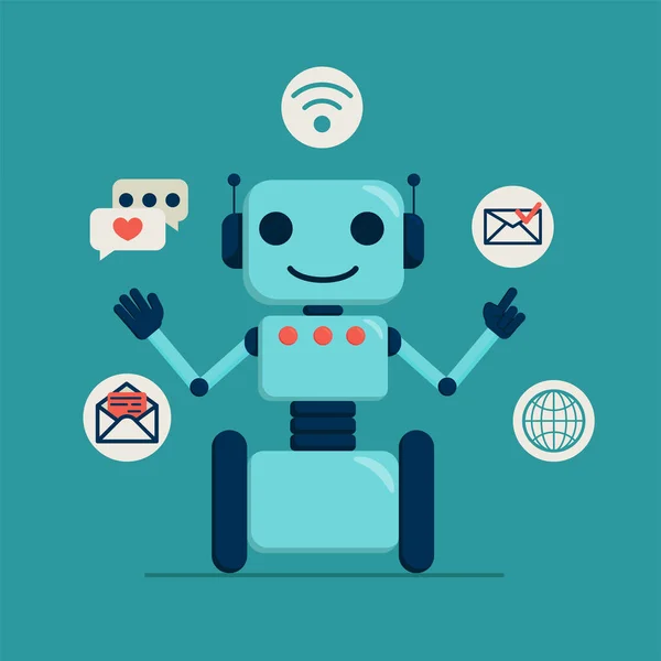 Düz vektör çizimi: Mavi arkaplanda Chatbot konsepti. Robot kullanıcı sorularını cevaplar.