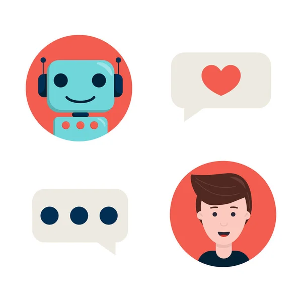 Düz vektör çizimi: sohbet robotu kavramı. Kullanıcı sohbet robotuyla iletişim kuruyor..