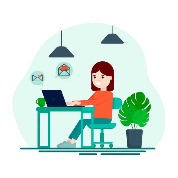 Platte vectorillustratie: vrouw werkt op een laptop. Freelancer. Werken vanuit huis tijdens quarantaine. — Stockvector