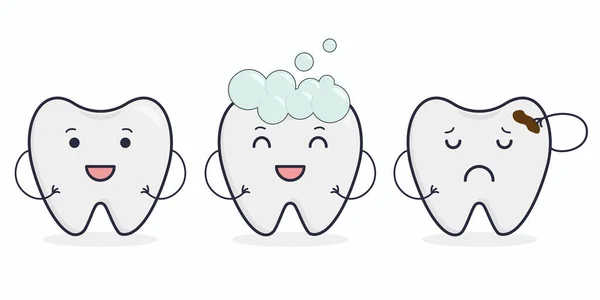 Vektor illustration: söta tänder. Friska tand. Tand i tandkräm. Tand med karies. — Stock vektor