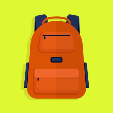 Düz vektör çizimi: okul çantası. Sarı arka planda turuncu sırt çantası.