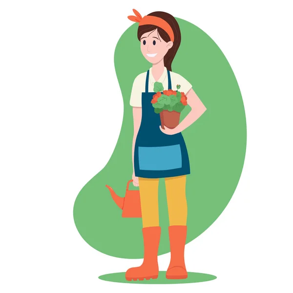 Vector illustration: woman with a flower pot. Gardening. — Stock Vector