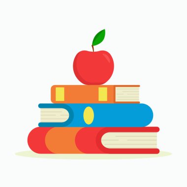 Düz vektör çizimi: bir yığın kitap ve bir elma. Öğrenme kavramı.
