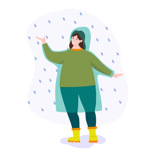 Ilustración vectorial: mujer en impermeable bajo la lluvia. Caminando bajo la lluvia . — Vector de stock