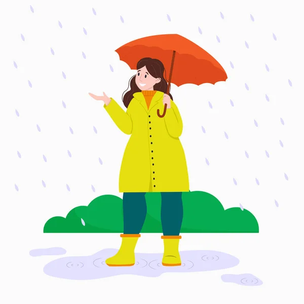 Vector illustration: woman walks in the rain in yellow raincoat. Woman with umbrella. — Stock Vector