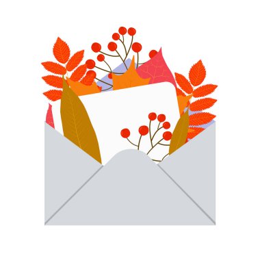 Vektör illüstrasyonu: yapraklı ve harf şablonlu zarf.