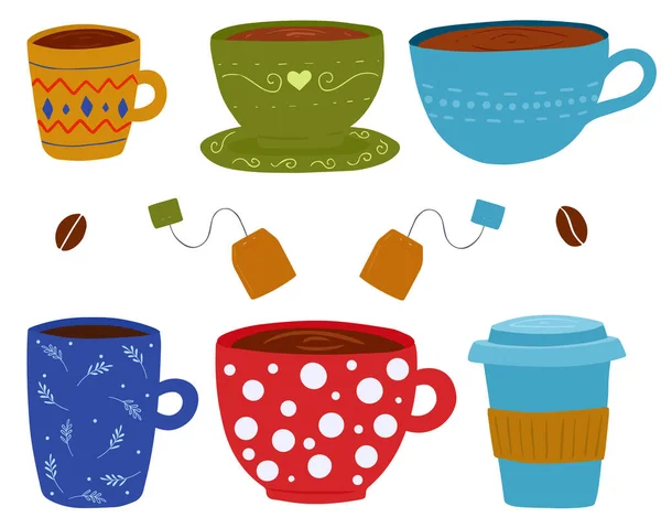 El çizimi tarzında vektör illüstrasyonu: kahve ve çay ile bir takım fincanlar.