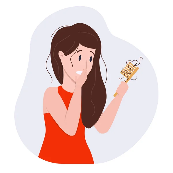 Vektör çizimi: saç fırçası olan kadın. Saç dökülmesi konsepti.