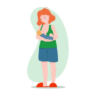 Vektör illüstrasyonu: Emzirme. Anne bebeği emziriyor. Doğum sonrası depresyonu. Emzirme sorunları.