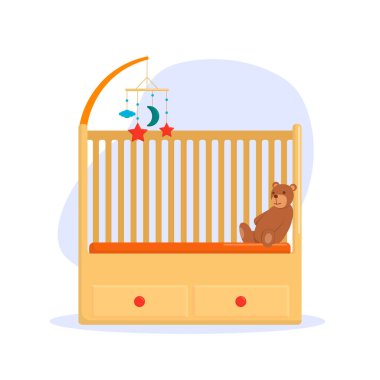 Düz vektör çizimi: bebek yatağı ve oyuncak ayı..