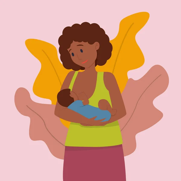 Vector illustration: black woman breastfeeds her baby. Breastfeeding concept. — Stock Vector