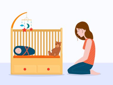 Vektör illüstrasyonu: Bebek karyolasında üzgün bir kadın. Doğum sonrası depresyon kavramı.