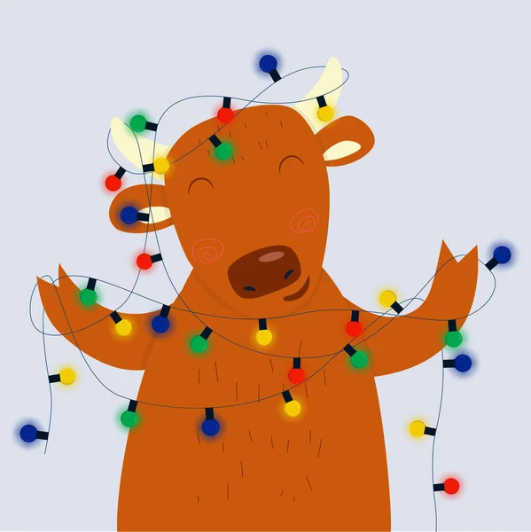 Vector illustration: bull symbol of 2021 with a garland. Merry Christmas and Happy New Year. — Stock Vector