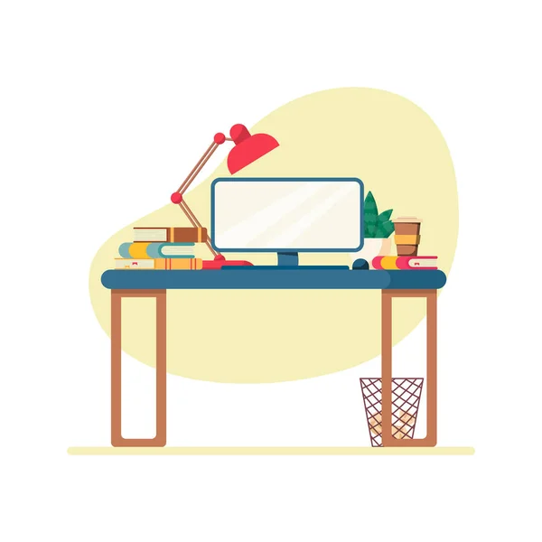 Flat vector illustratie: bureau van freelance, student of kantoormedewerker. Werktafel met computer, lamp, boeken en koffie. — Stockvector
