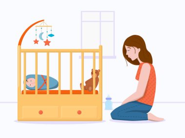 Vektör illüstrasyonu: doğum sonrası depresyon kavramı. Doğum sonrası depresyon. Yorgun, üzgün genç bir kadın yerde oturuyor. Uyuyan bir bebekle.. 