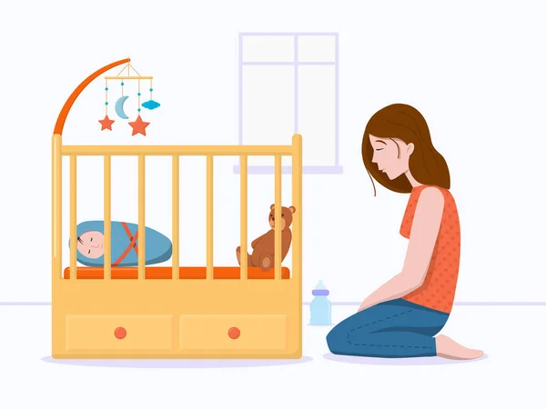 Vektör illüstrasyonu: doğum sonrası depresyon kavramı. Doğum sonrası depresyon. Yorgun, üzgün genç bir kadın yerde oturuyor. Uyuyan bir bebekle.. 